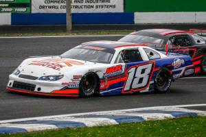 Tyson Lang #18 during the Central Welding Supply 125 for Pro Late Models at the Evergreen Speedway in Monroe on October 17, 2020. (Kevin Clark / The Herald)