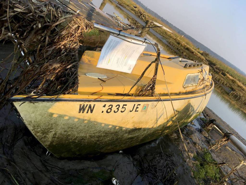 An old sailboat stuck in the Snohomish River. (Snohomish County Surface Water Management)