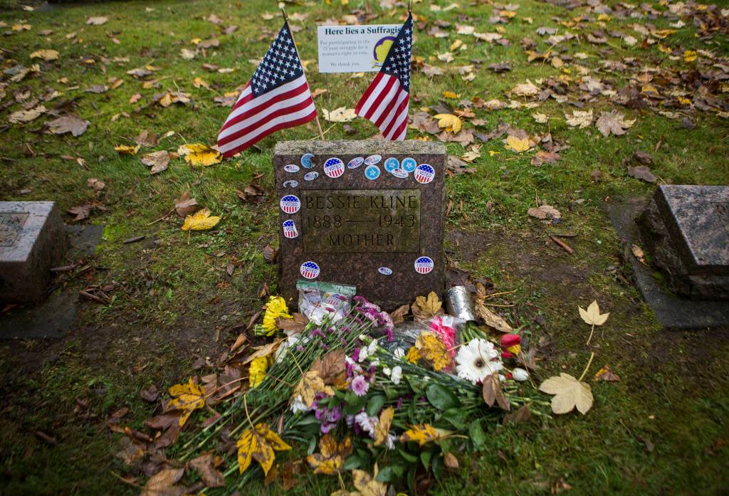 The gravesite of suffragist Bessie Kline at Evergreen Cemetery on Wednesday in Everett. (Olivia Vanni / The Herald)