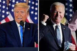 President Donald Trump speaks in the East Room of the White House early Wednesday (AP Photo/Evan Vucci), and former Vice President Joe Biden speaks to supporters early Wednesday in Wilmington, Delaware (AP Photo/Paul Sancya).
