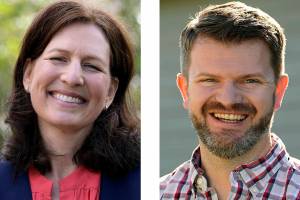 FILE - In this March 30, 2018, file photo, Kim Schrier, left, a Democrat and the representative for Washington state's 8th District, poses for a photo in Issaquah, Wash., and Jesse Jensen, right, the Republican challenging Schrier for the seat, poses for a photo outside his campaign office Tuesday, Sept. 29, 2020, in Pacific, Wash. Jensen is an Army veteran from Bonney Lake who did four combat tours in Afghanistan. Schrier is trying to hold on to her seat after becoming the first Democrat to represent the district since it was founded in the early 1980s. (AP Photo/Elaine Thompson, File)