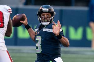 Seattle Seahawks quarterback Russell Wilson passes the ball during the first half of an NFL football game against the San Francisco 49ers, Sunday, Nov. 1, 2020, in Seattle. (AP Photo/Stephen Brashear)