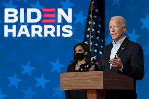 Democratic presidential candidate former Vice President Joe Biden joined by Democratic vice presidential candidate Sen. Kamala Harris, D-Calif., speaks at the The Queen theater Thursday, Nov. 5, 2020, in Wilmington, Del. (AP Photo/Carolyn Kaster)