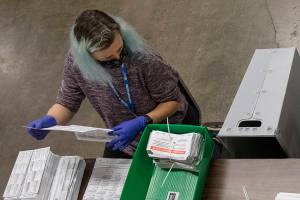 Election workers organize ballots at the Multnomah County Elections Division Tuesday, Nov. 3, 2020 in Portland, Ore. Oregon is the first state in the nation to institute voting by mail and automatic voter registration (AP Photo/Paula Bronstein)