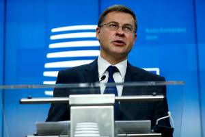 European Commission Vice-President Valdis Dombrovskis addresses a media conference after a meeting of EU trade ministers, in videoconference format, at the European Council building in Brussels, Monday, Nov. 9, 2020. European Union trade ministers on Monday exchanged views on the trade policy review and relations with China and the United States. (AP Photo/Francisco Seco, Pool)