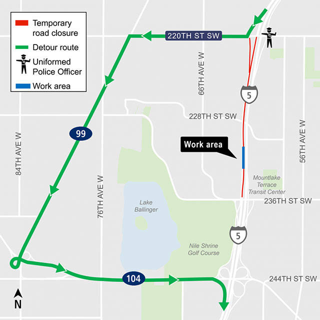 The planned detour of southbound I-5 at Mountlake Terrace, which will enable construction of Link light rail columns where the line will cross the freeway. (WSDOT)