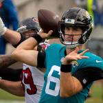 Jacksonville Jaguars quarterback Jake Luton (6) throws a pass against Houston Texans during the first half of an NFL football game, Sunday, Nov. 8, 2020, in Jacksonville, Fla. (AP Photo/Stephen B. Morton)