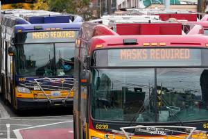 Metro buses post signs advising that masks are required Thursday, Nov. 12, 2020, in Seattle. Washington state and county health officials have warned of a spike in coronavirus cases across the state, and pleaded with the public to take the pandemic more seriously heading into the winter holidays. (AP Photo/Elaine Thompson)