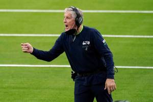 Seattle Seahawks head coach Pete Carroll yells from the sideline during the second half of an NFL football game against the Los Angeles Rams on Sunday at SoFi Stadium. (AP Photo/Ashley Landis)