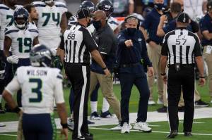 Seattle Seahawks head coach Pete Carroll pleads on a call by referees during Seattles 23-16 loss to the Los Angeles Rams on Sunday at SoFi Stadium. (AP Photo/Kyusung Gong)