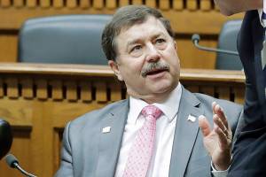 Senate Minority Leader Mark Schoesler, R-Ritzville,, left, talks with House Minority Leader J.T. Wilcox, R-Yelm, right, before the start of the AP Legislative Preview, Thursday, Jan. 9, 2020, at the Capitol in Olympia, Wash. (AP Photo/Ted S. Warren)