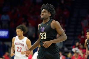 Washington forward Isaiah Stewart (33) during the first half of an NCAA college basketball game against Arizona Saturday, March 7, 2020, in Tucson, Ariz. (AP Photo/Rick Scuteri)