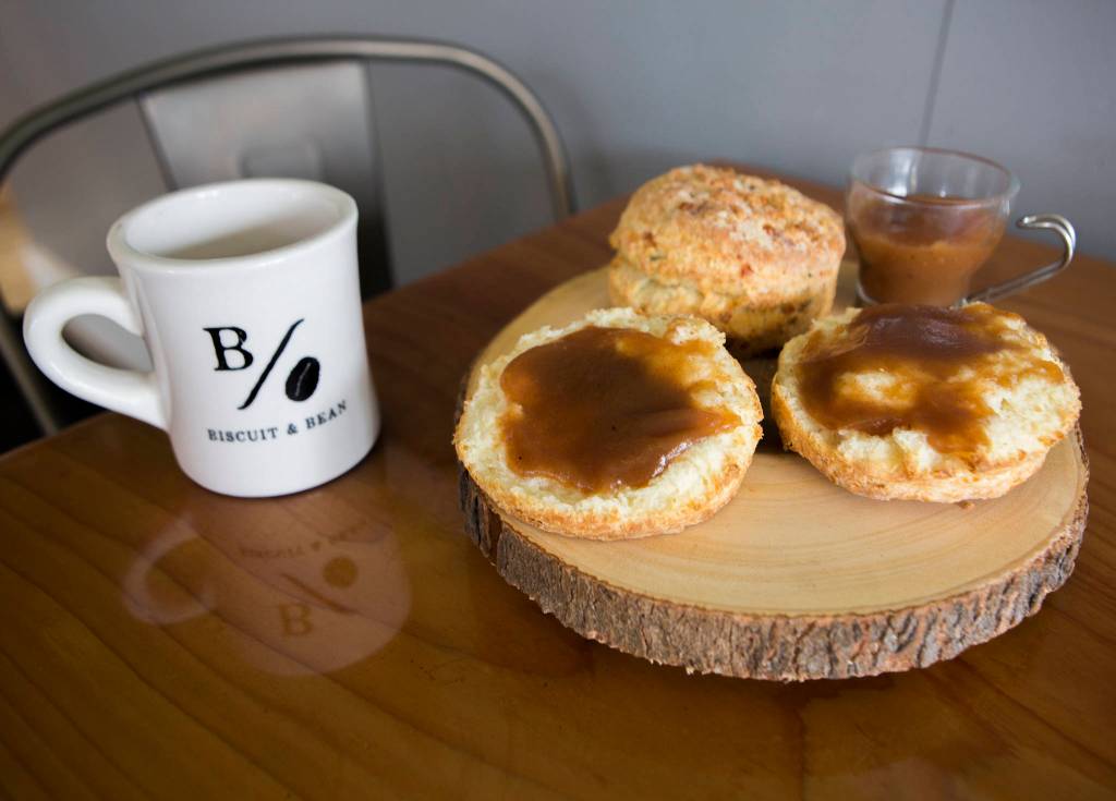 Biscuit & Beans buttermilk biscuit with apple butter spread. (Olivia Vanni / The Herald)