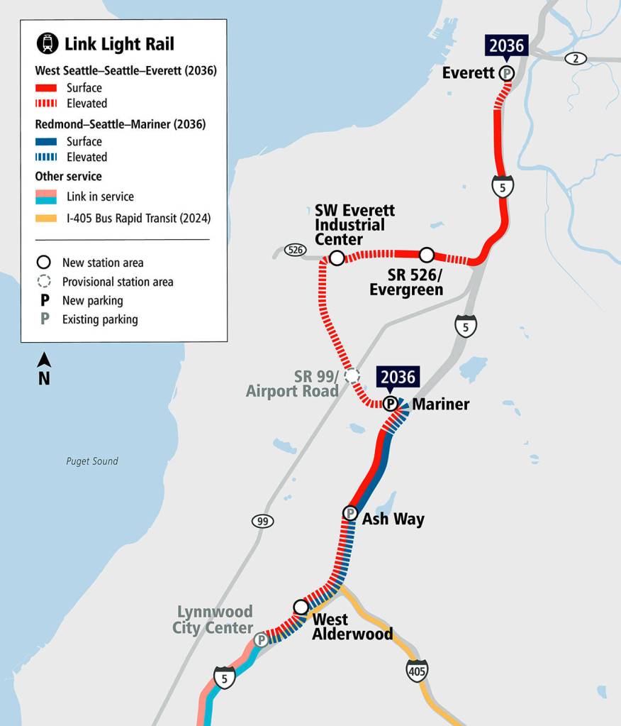 A map of the planned Sound Transit Link light rail extension to Everett. (Sound Transit)