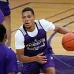 Washington's Quade Green dribbles during an NCAA college basketball practice Tuesday, Oct. 27, 2020, in Seattle. (AP Photo/Elaine Thompson)