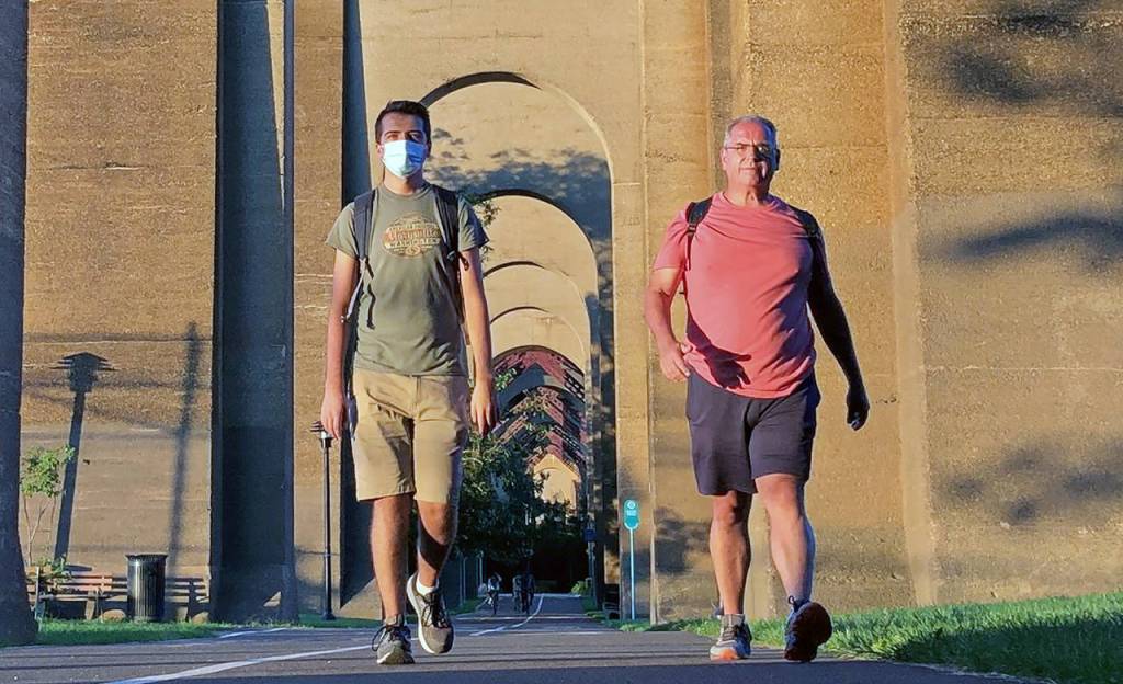 Fred Sirianni, 55, of Marysville, and his son, Jake Sirianni, 24, walked 40 miles from Jakes apartment in New York City to Stamford, Connecticut. Jake wore a Marysville T-shirt during the 19-hour walk starting at 2:57 a.m. Sept. 5 over Labor Day weekend. (Submitted photo)