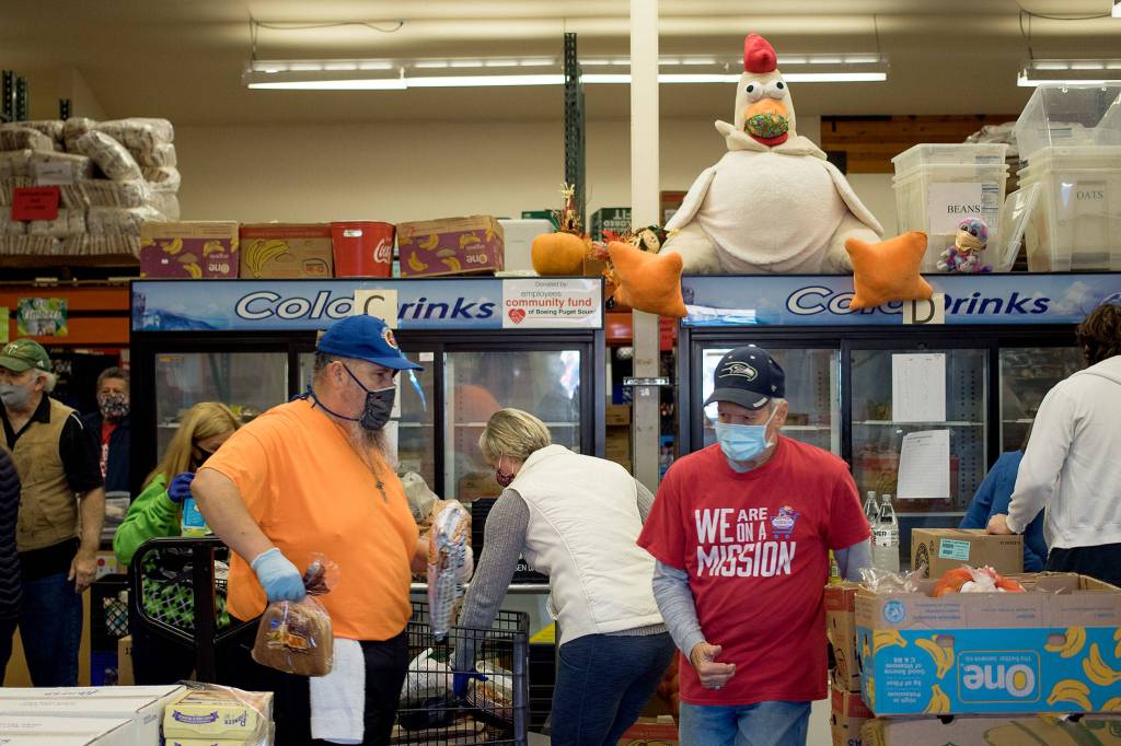 Volunteers gather food as they work below a stuffed turkey at the Marysville Community Food Bank on Nov. 30. (Andy Bronson / The Herald)
