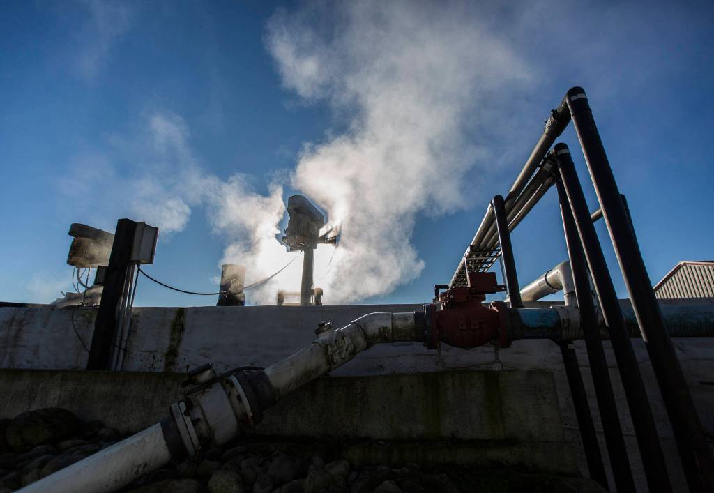 Steam rises from the anaerobic digesters pump and agitator in Monroe. (Olivia Vanni / The Herald)