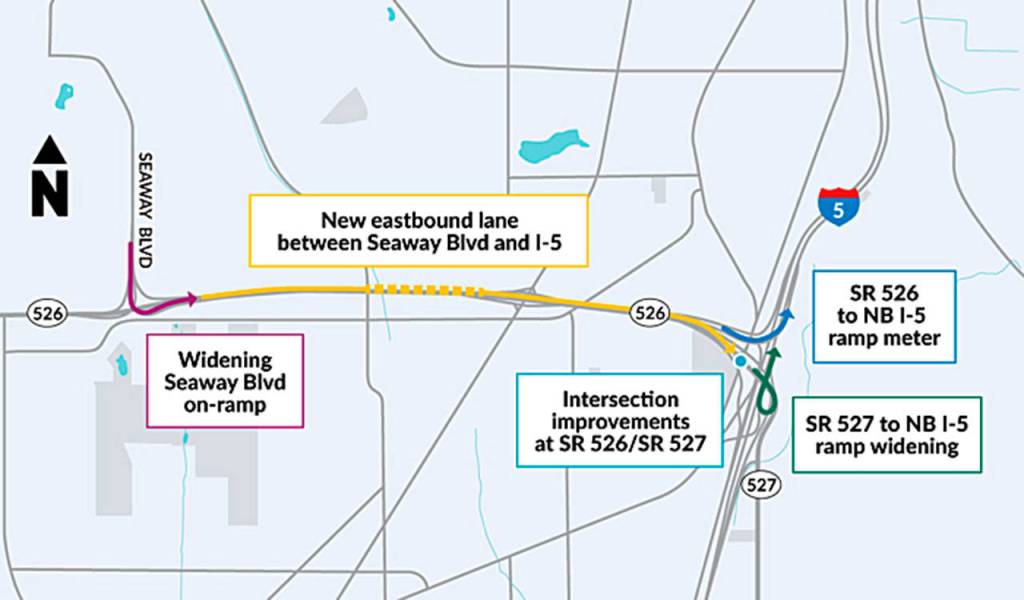 Several improvements are proposed for Highway 526, including another eastbound lane between I-5 and Seaview Boulevard, which connects to Boeing. (WSDOT)