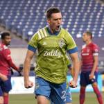 Seattle Sounders' Shane O'Neill reacts after scoring against FC Dallas during the second half of an MLS playoff soccer match Tuesday, Dec. 1, 2020, in Seattle. (AP Photo/Ted S. Warren)