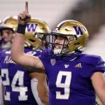 Washington quarterback Dylan Morris celebrates after Washington beat Utah 24-21 in a game Nov. 28, 2020, in Seattle. (AP Photo/Ted S. Warren)