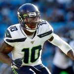 FILE - In this Dec. 15, 2019, file photo, Seattle Seahawks wide receiver Josh Gordon (10) sets up against the Carolina Panthers during the second half of an NFL football game in Charlotte, N.C. The Seahawks are bringing back wide receiver Josh Gordon on a one-year deal even as the talented pass catcher awaits reinstatement from the NFL after his latest suspension.   Gordon’s signing was confirmed on Twitter by his agent David Canter on Thursday, Sept. 3, 2020, just two days before the Seahawks must cut their roster to 53 players.  (AP Photo/Brian Blanco, File)