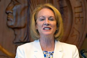 FILE - In this Sept. 2, 2020, file photo Seattle Mayor Jenny Durkan addresses a news conference about changes being made in the police department in Seattle. Washington's Supreme Court on Thursday, Oct. 8, 2020, unanimously rejected an effort to recall Durkan. The justices issued an order saying that even if true, the allegations brought against her would not amount to "misfeasance, malfeasance or violation of the oath of office." (AP Photo/Elaine Thompson, File)