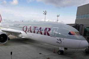 FILE -- In this Nov. 4, 2015 file photo, a Boeing 787 airplane purchased by Qatar Airways is shown during a delivery ceremony in Everett, Wash. Qatar Airways, announced Sunday, June 11, 2017, that its net profits reached $540 million in its latest financial disclosure before the airline was blocked from flying to major Arab states. Analysts estimate that a political standoff in the Gulf between Qatar and other Arab states will cost the airline heavily after Saudi Arabia, the United Arab Emirates, Egypt and Bahrain cut ties with Qatar and blocked direct flights with the country. (AP Photo/Ted S. Warren, File)