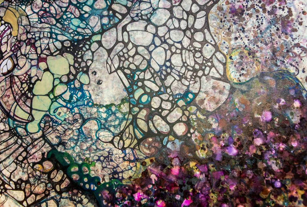 Lu Hernandez makes her own alcohol ink from discarded marking pens for works such as this untitled mixed-media piece on canvas.
(Olivia Vanni / The Herald)