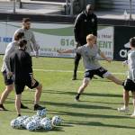 Sounders players kick a ball around during a practice session on Friday in Columbus, Ohio. (Barbara J. Perenic/The Columbus Dispatch via AP)