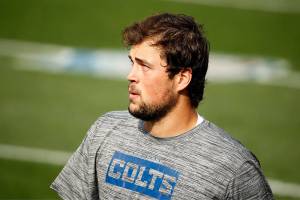 Indianapolis Colts quarterback Jacob Eason (9) walks off of the field after warm ups prior to the start of an NFL football game against the Cleveland Browns, Sunday, Oct. 11, 2020, in Cleveland. (AP Photo/Kirk Irwin)