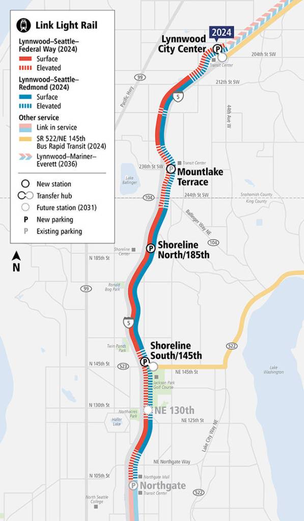 Work on the Lynnwood Link light rail extension from Northgate in Seattle to Lynnwood hit the 25% mark recently. The four stations and 8.5 miles of rail line are scheduled to open in 2024. (Sound Transit)