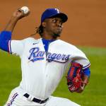 Rangers relief pitcher Rafael Montero throws to the Angels during a game on Sept. 9, 2020, in Arlington, Texas. The Mariners bolstered their bullpen on Tuesday by acquiring the right-hander from the Rangers in exchange for a minor-league prospect. (AP Photo/Tony Gutierrez)