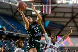 Edmonds-Woodway’s Maddie McMahon attempts a layup during the game against Bethel at the 3A Girls Hardwood Classic on Wednesday, Feb. 27, 2019 in Tacoma, Wash. (Olivia Vanni / The Herald)