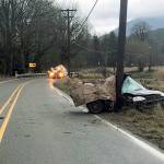 An Edmonds woman died in this single-car crash on Highway 530 near Oso on Sunday. (Washington State Patrol)