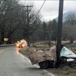 An Edmonds woman died in this single-car crash on Highway 530 near Oso on Sunday. (Washington State Patrol) 20201220