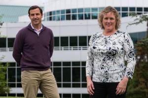 Josh O'Connor, president of Sound Publishing and publisher of The Herald and Carrie Radcliff, advertising director of The Daily Herald on Friday, May 22, 2020 in Everett, Wa. (Olivia Vanni / The Herald)