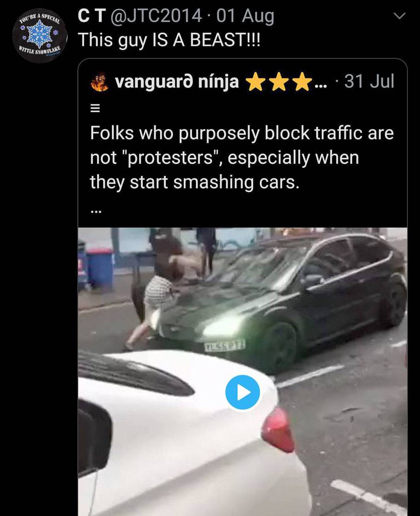 A retweet and comment by the Twitter account @JTC2014, which was believed to be Everett Police Sgt. James Collier. But Collier told investigators that his son had been using the account. (Twitter)