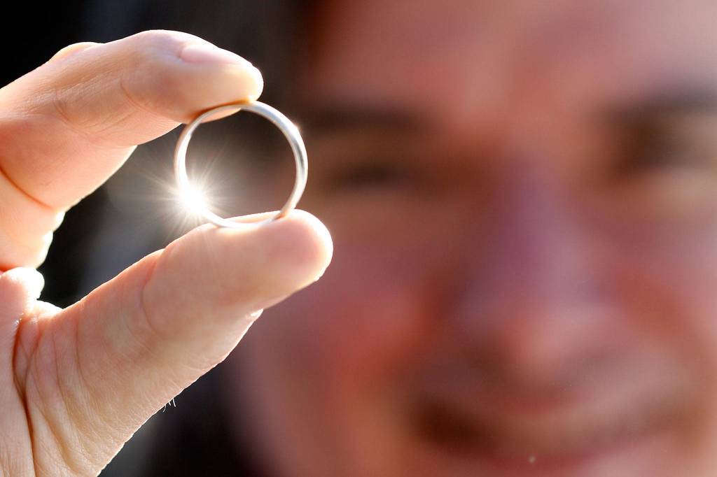Kevin Kleins simple, white gold wedding band. (Kevin Clark / The Herald)