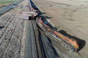 Three locomotives and eight empty grain cars derailed near Mabton after colliding with a truck on Wednesday. (Washington State Patrol) 20201223