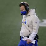 Los Angeles Rams head coach Sean McVay walks on the field late in the fourth quarter of an NFL football game against the Seattle Seahawks, Sunday, Dec. 27, 2020, in Seattle. The Seahawks won 20-9. (AP Photo/Scott Eklund)