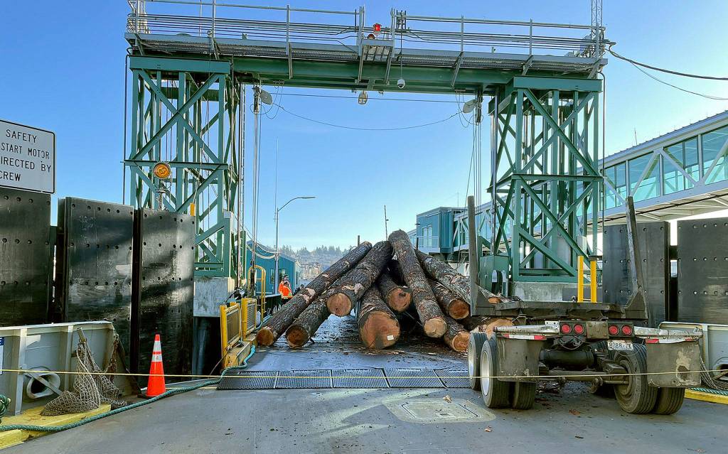 A load of logs blocks the loading ramp at the Edmonds ferry terminal Monday morning. This view is from the MV Spokane, looking toward shore. (Michael Galligan / Special to The Herald)