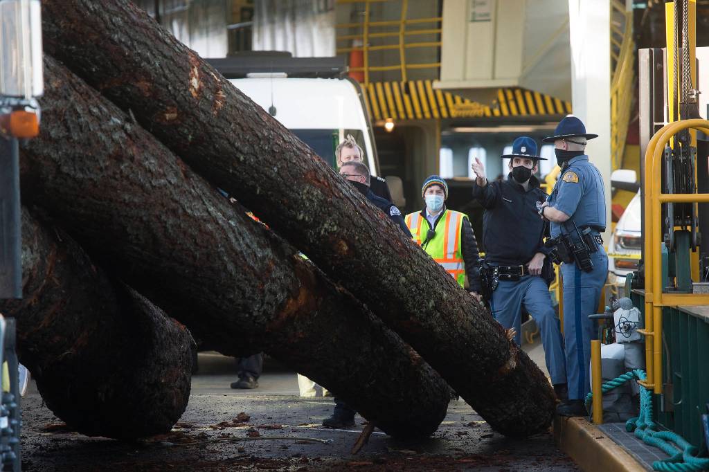 Washington State Patrol officers talk after a semitruck hauling large logs spilled its cargo on the ramp of the Edmonds ferry terminal. (Andy Bronson / The Herald)