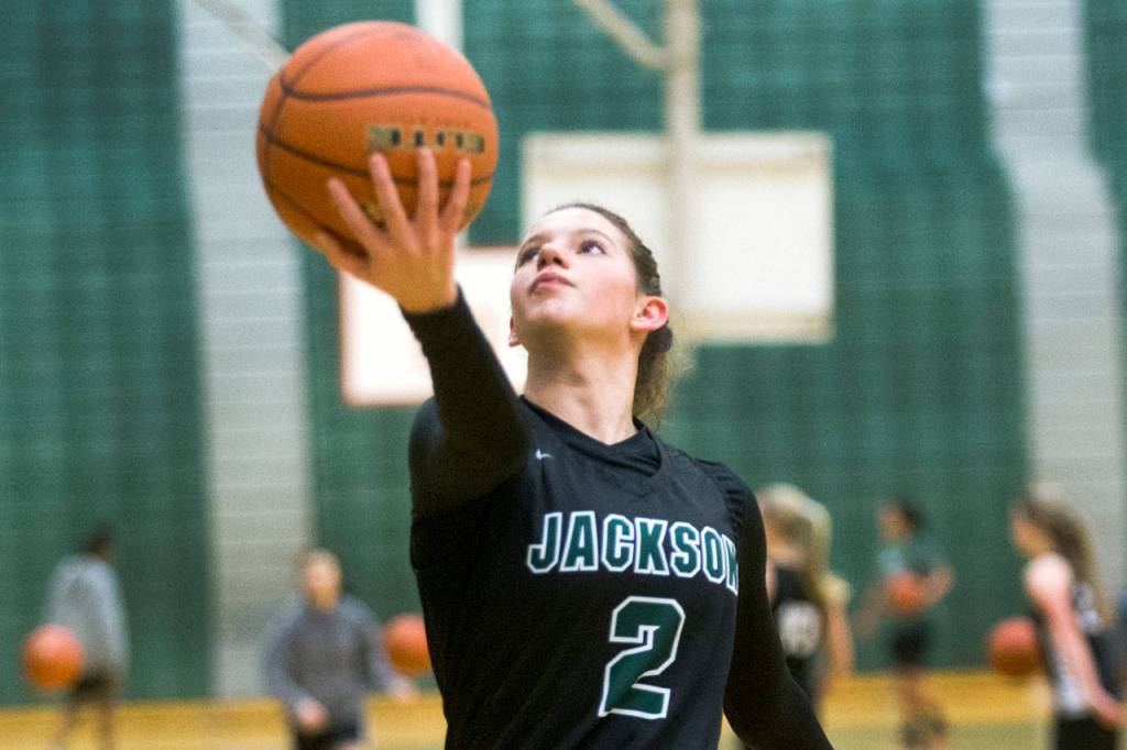 Jacksons Mack Konig practices with her teammates on Feb. 3, 2020, in Everett. (Andy Bronson / The Herald)