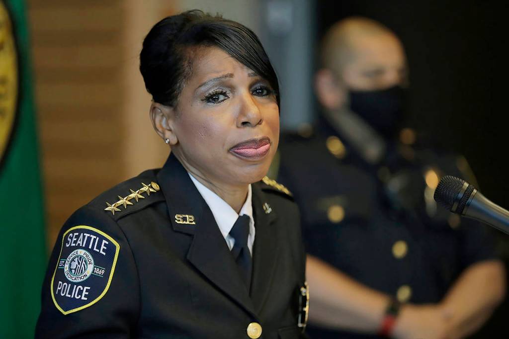 Seattle Police Chief Carmen Best speaks during a news conference Aug. 11 in Seattle. Best, the first Black woman to lead Seattles police department, stepped down in September following cuts to her budget that would reduce the department by as many as 100 officers. (AP Photo/Ted S. Warren, file)