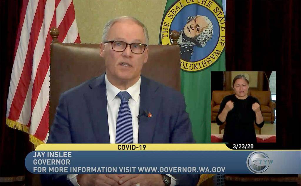 Washington Gov. Jay Inslee delivers a statewide TV address on March 23. (TVW)