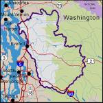 The Tulalip Tribes treaty lands include the Snohomish and Stillaguamish river basins, outlined here. University of Washington scientists estimate that by the end of the century the average daily temperature in the region will be 5.2 to 8.8 degrees higher than it was in 1990, depending on the severity of climate change. (UW Climate Impacts Group)