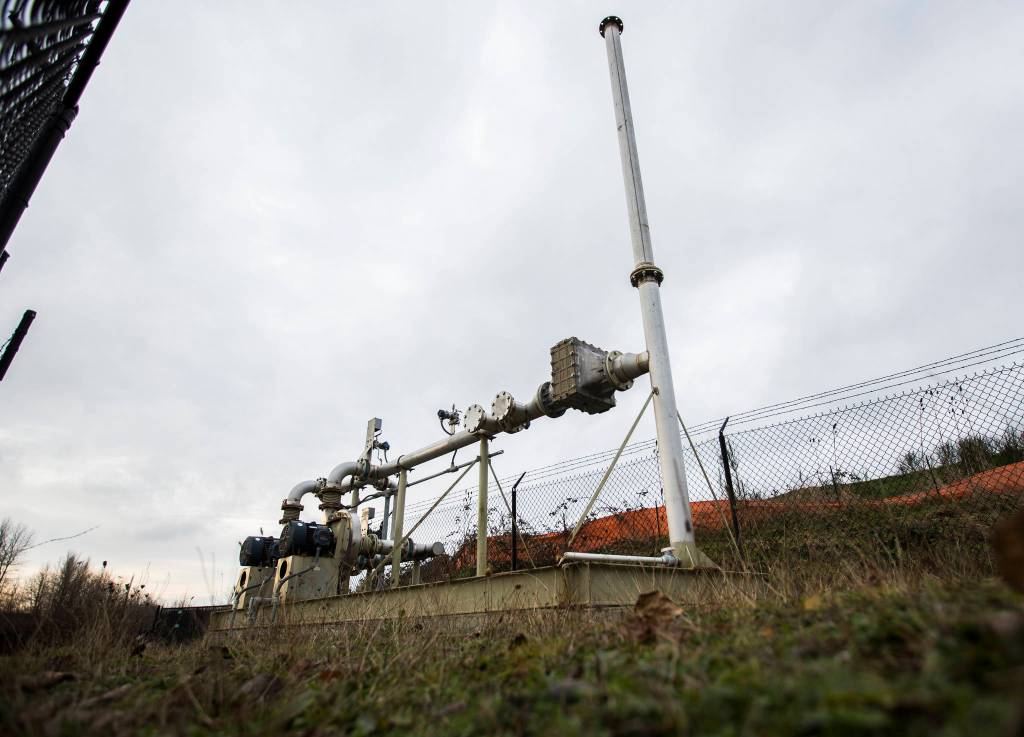 One of two methane fans outside the Riverfront Development property in Everett. (Olivia Vanni / The Herald)