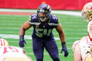 Seattle Seahawks middle linebacker Bobby Wagner (54) during an NFL football game against the San Francisco 49ers, Sunday, Jan. 3, 2021, in Glendale, Ariz. (AP Photo/Rick Scuteri)