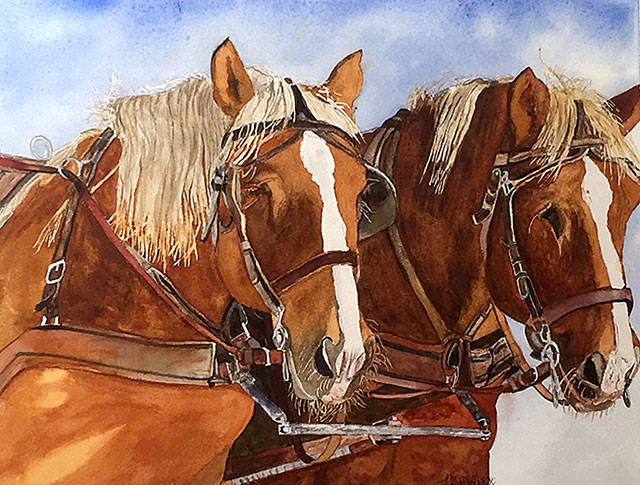 Team Work in watercolors by Lynnea Mattson is featured in Gallery Norths In With the New exhibit.
